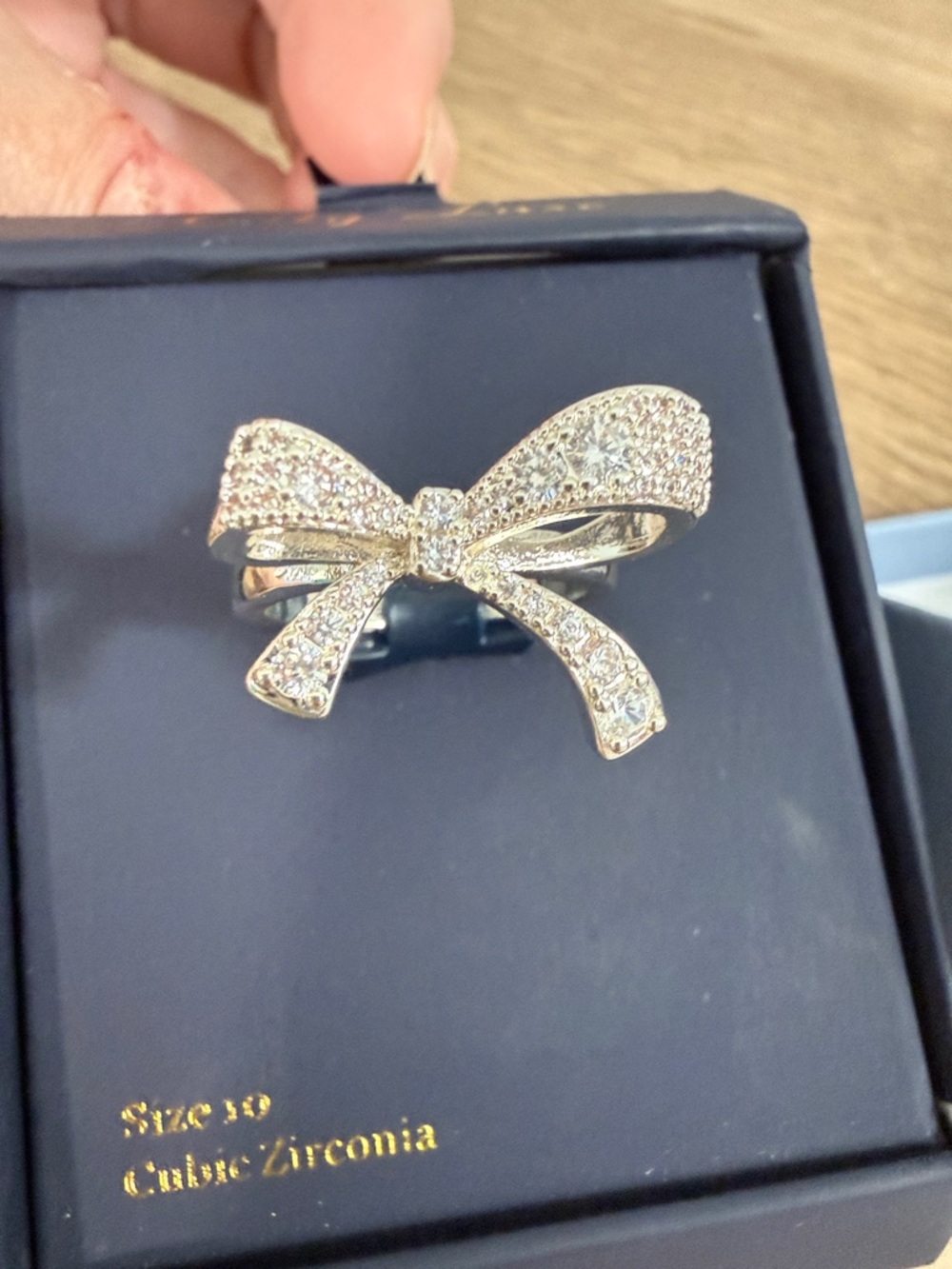 Pave Bow Ring in Silver Tone with Clear Stones, NWT, Size 10